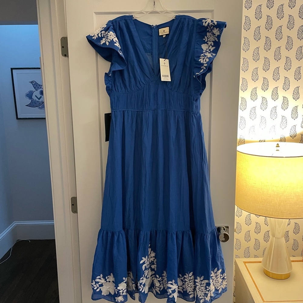 Tuckernuck Blue and White Smocked Ruffled Midi Sundress